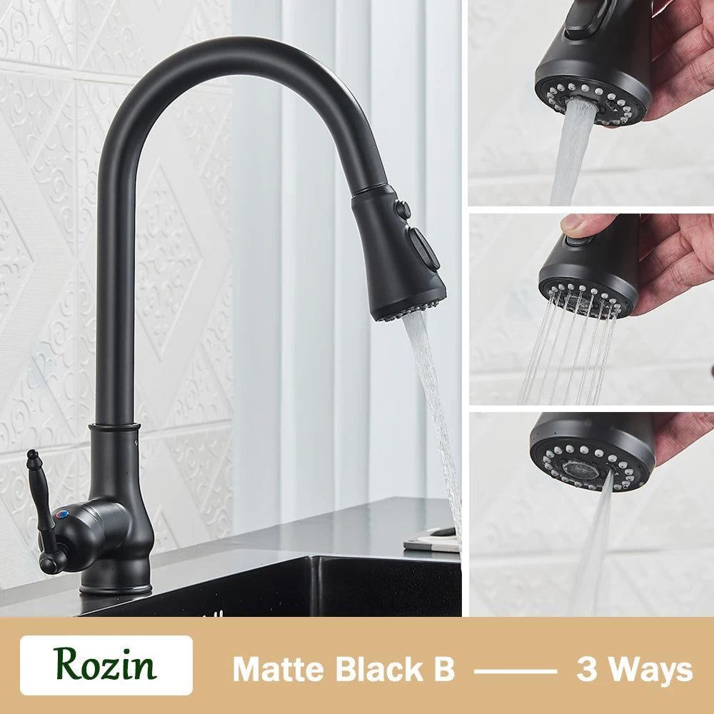 Rozin Antique Brass Kitchen Faucet Pull Out Spout Kitchen Faucets Black Single Hole Swivel Hot Cold Water Kitchen Mixer Tap