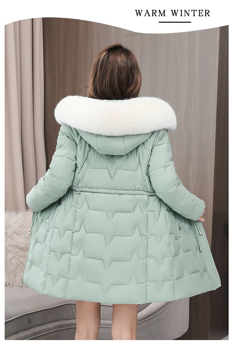Hooded Women Parkas Coats Mid LenthJackets  Oversize Solid Fur Collar Zipper Drawstring Waist Loose Casual 2025 Autumn Winter
