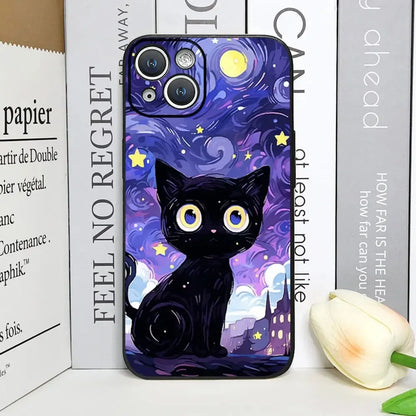 Artistic Black Cat Starry Night Phone Case For iPhone 17 16 15 14 13 12 Pro Max Mini 7 8 SE Plus Couple Cover Soft Shell Fundas