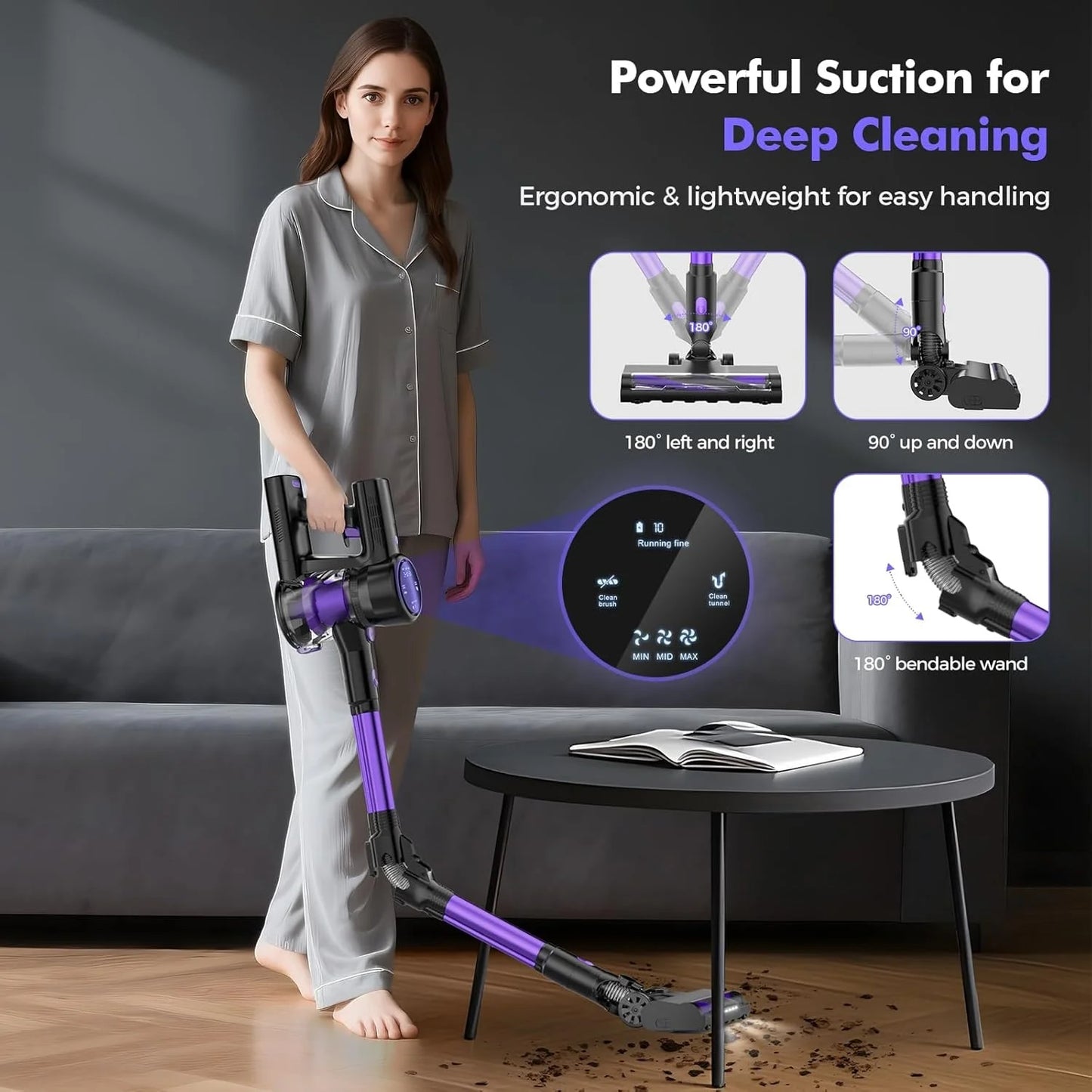 Cordless Vacuum Cleaner, 40KPa/50Mins/3 Modes, Cordless Stick Vacuum with LED Display & Foldable Lightweight Design, Rechargeable Handle Cleaners for Home, Pet Hair, Carpet, Hard Floor