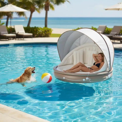 Inflatable Canopy Island Tanning Pool Lounger Float with Retractable Canopy