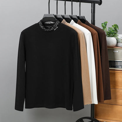 High quality men's semi high neck velvet sweater long sleeved warm T-shirt autumn winter fashionable embroidery casual pullover