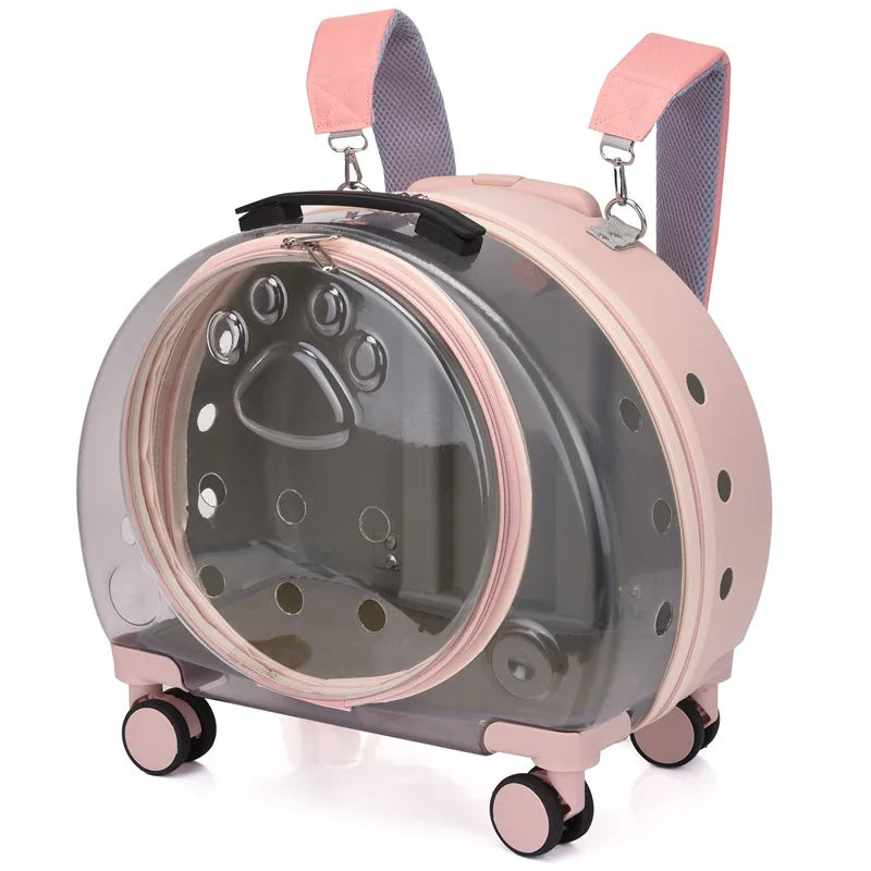 2-in-1 Fashion Portable Transparent Space Capsule Pet Carrier Backpack Rolling Travel Trolley Box Detachable Telescopic Handle