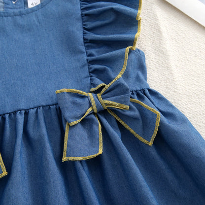 Girls Sweet Dresses Summer  Thin Denim Bow Decoration Flying Sleeve Dress Cute Kids Clothes