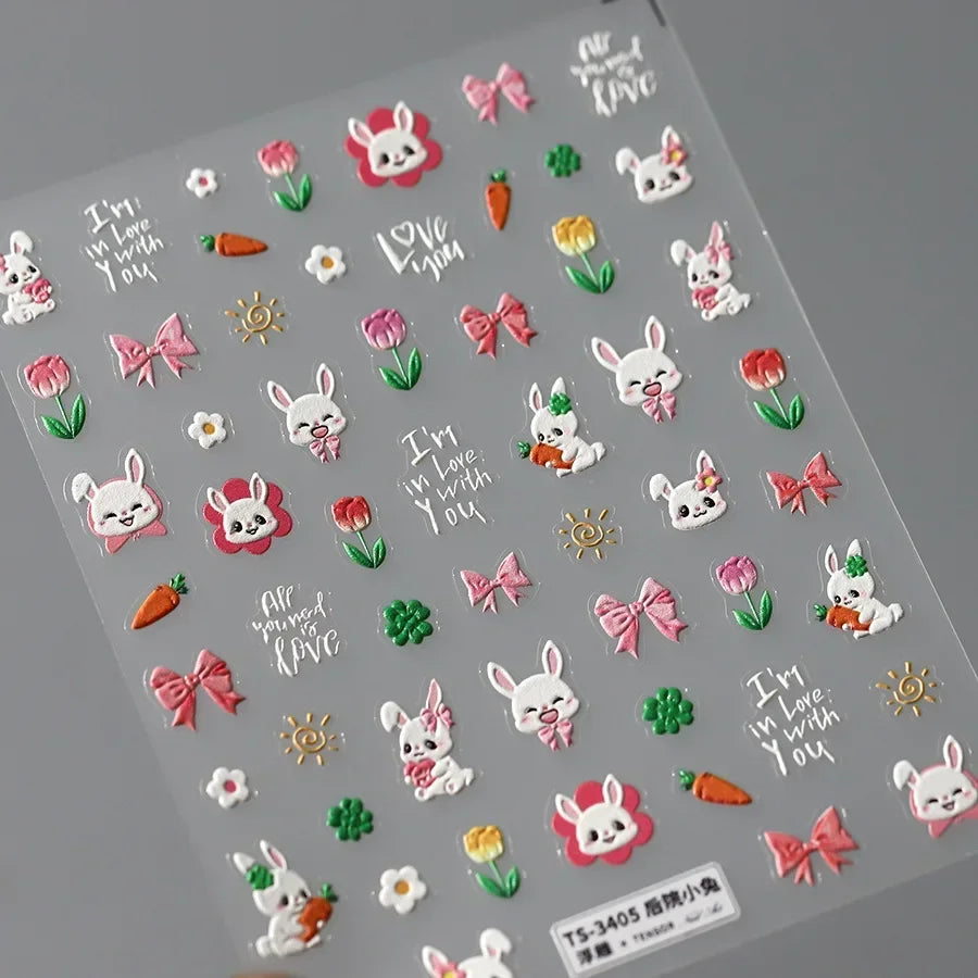 Lovely Red Fruit Strawberry Cherry Bowknot Love Heart Star Silk Ribbon 5D Nail Art Stickers Chic Self Adhesive Manicure Decal