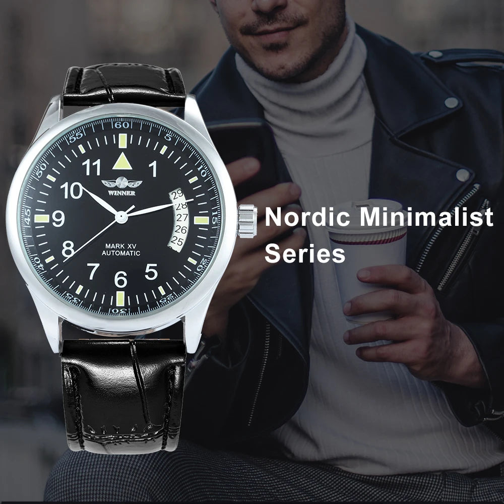 WINNER Business Automatic Watch for Men Calendar Window Fashion Black Dial Fashion Leather Strap Luxury Brand Mechanical Watches