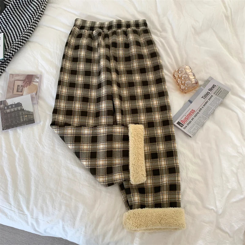 JMPRS Fashion Warm Plush Pants Thick Plaid Women Casual Loose Wide Leg Trousers Korean Streetwear Straight Student Pants New