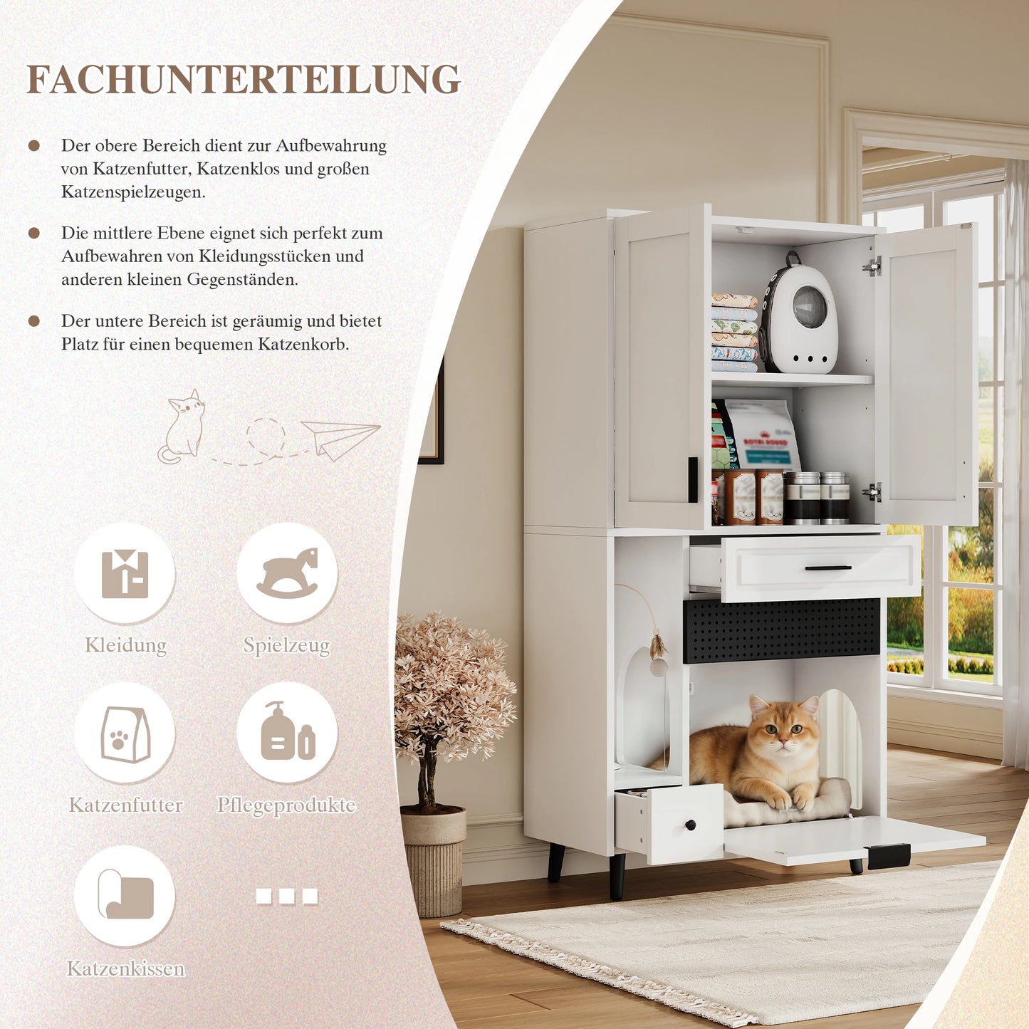 Multifunctional Cat Storage Cabinet with Stable Construction, Adjustable Shelves, Drawers, and Cat Bed Area – Cozy Activity Space for Cats, Pet Furniture with Arch Openings