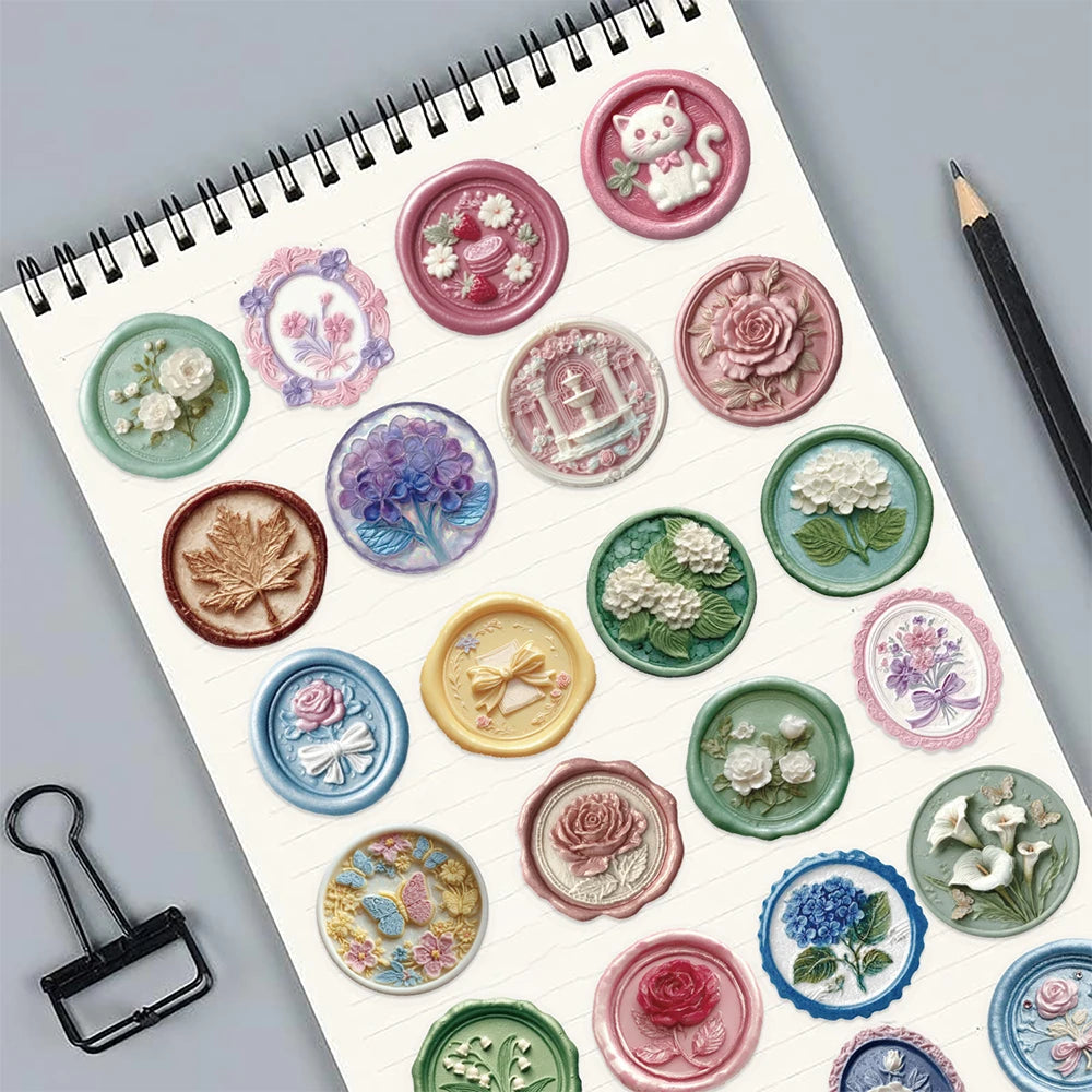 10/30/50pcs Vintage Wax Seal Stamp Aesthetic Stickers Transparent PET Decals DIY Scrapbook Phone Guitar Butterfly Flower Sticker