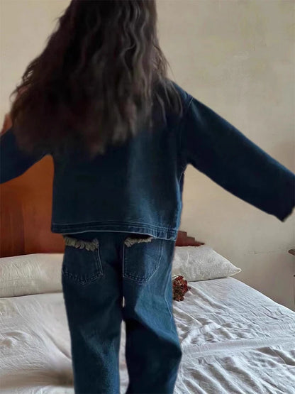 Girls' Denim Set Washed Tassel Vintage Coat+ Loose Pants 2023 Spring And Autumn New Fashion Kids Outfit Casual Clothing Set