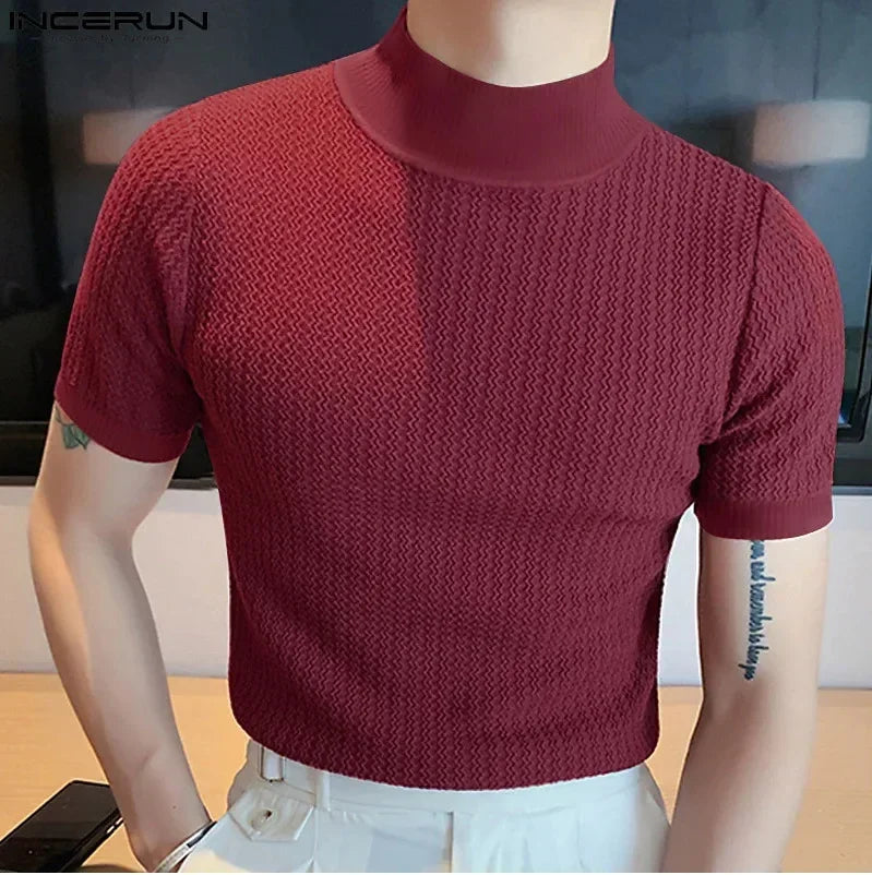 Summer New Casual Simple Knitted Base Shirt European and American Men's High Neck Water Ripple Solid Color T-Shirt