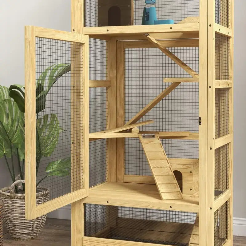 Cage for hamsters or small animals in wood 5 levels with niche balançoire 54 x 38 x 131 cm natural
