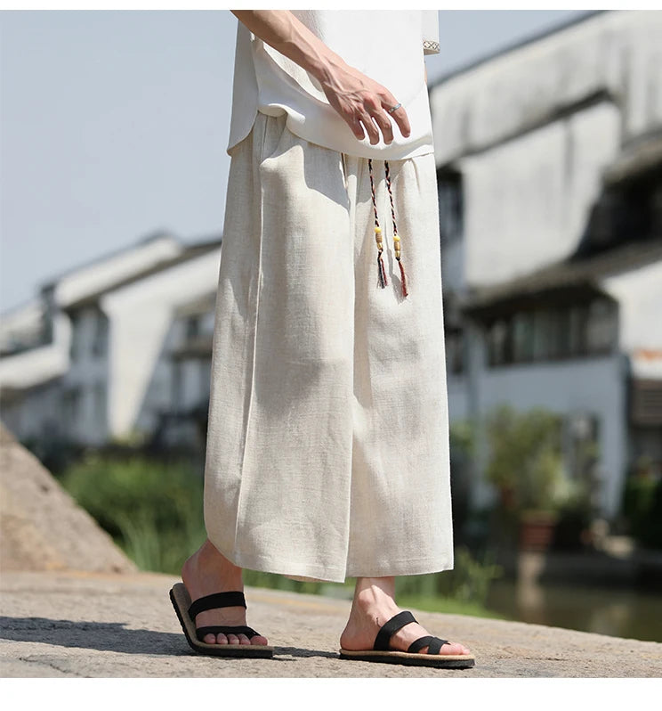 Men Loose Fit Shorts Summer Breathable Casual Pants Wide Leg Linen Cotton Plus Size5XL Comfortable Outdoor Harajuku Trousers Men