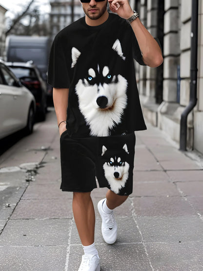 New European & American Style Men's Summer Loose-Fit Set Men's Crew Neck Short-Sleeve Top & Athletic Casual Shorts Two-Piece Set