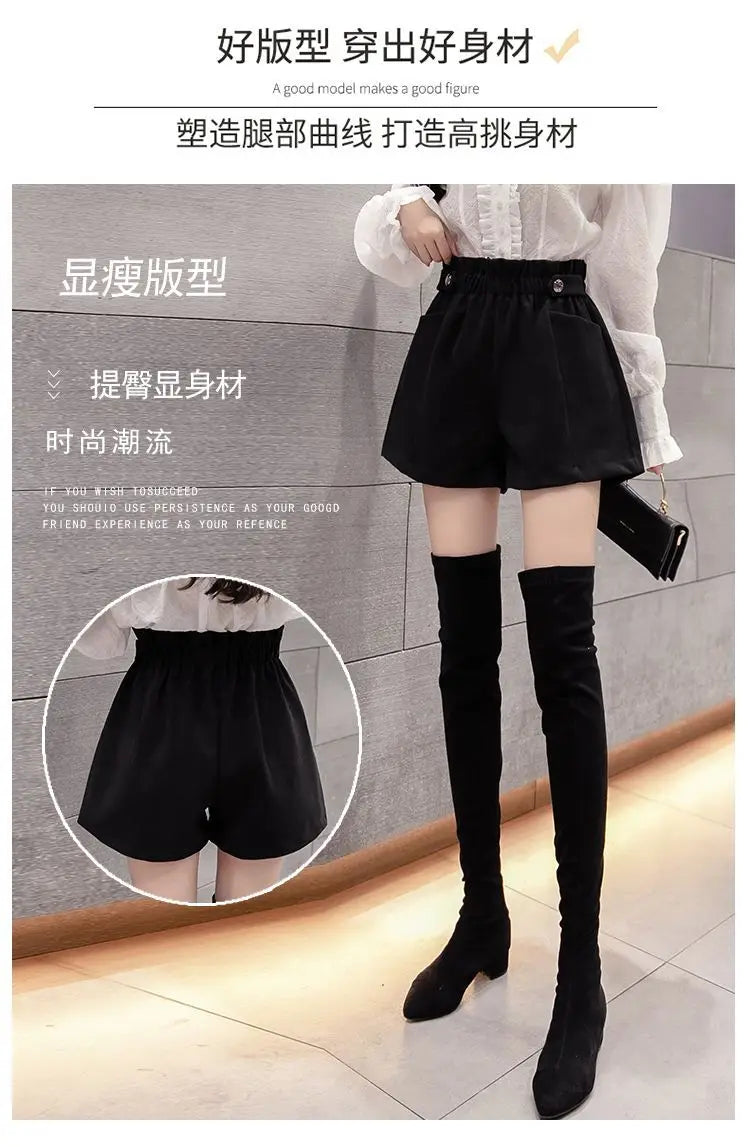 Black Woolen Shorts Women Chic Folds High Waist Design Loose Autumn Winter College Vintage Streetwear Lovely Female Classy Basic