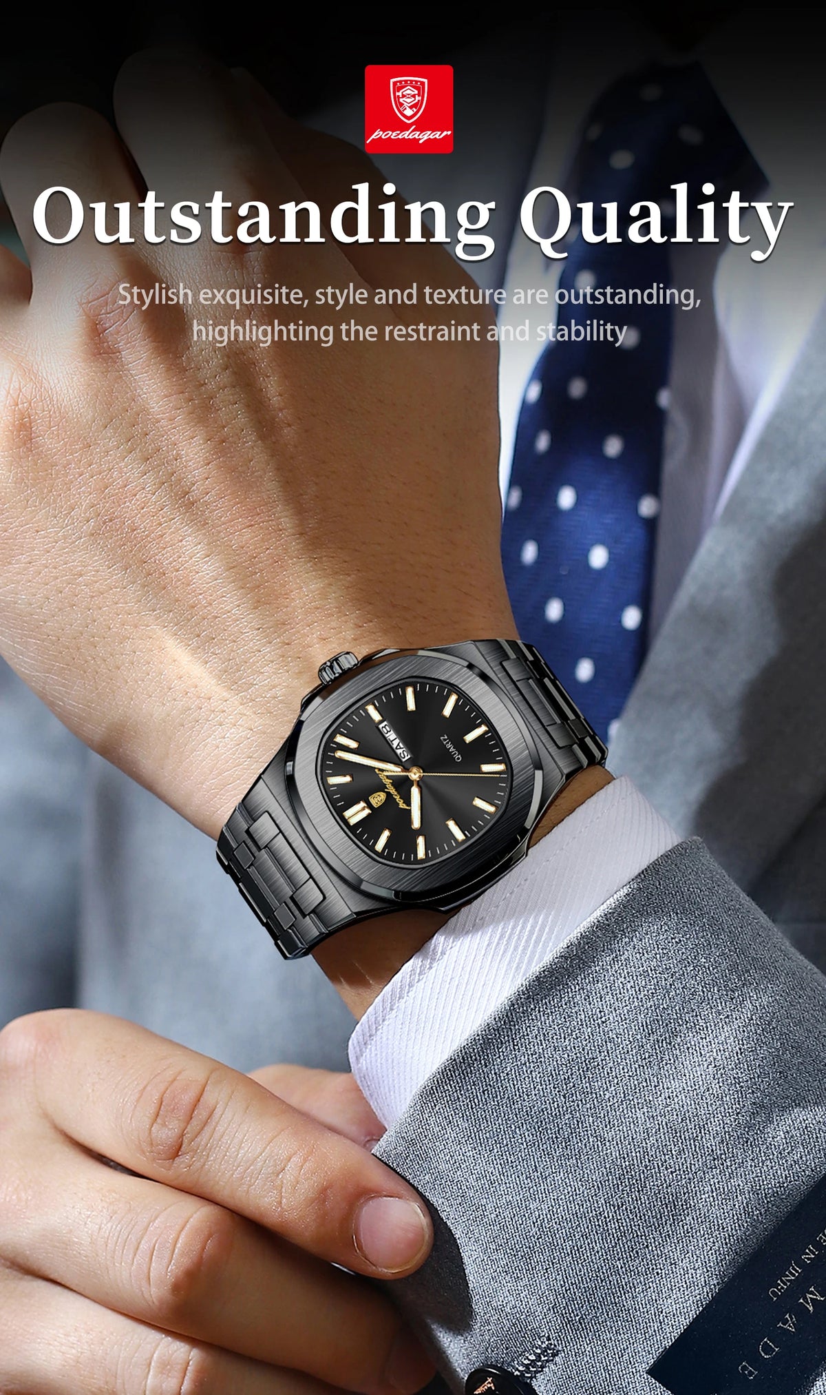 POEDAGAR Luxury Square Men's Watches Waterproof Luminous Date Week Men Watch Stainless Steel Fashion Quartz Man Wristwatch Reloj
