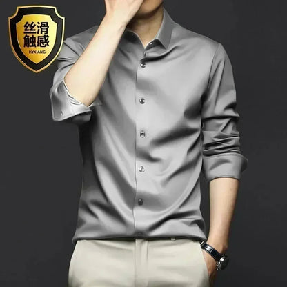S-6XL Men's Long Sleeve Shirt Luxury Wrinkle Resistant Pure White Shirt Business Dress Casual Ice Silk Glossy Shirt