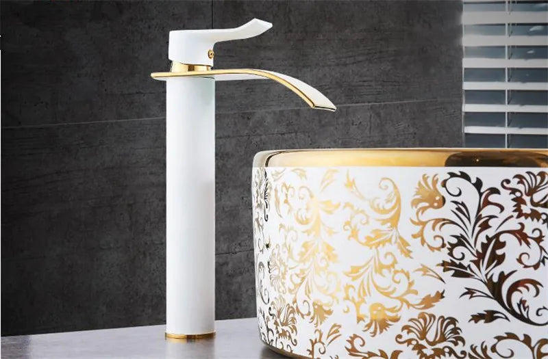 Basin Faucet Gold and White Waterfall Faucet Brass Bathroom Faucet Bathroom Basin Faucet Mixer Tap Hot and Cold Sink Faucet
