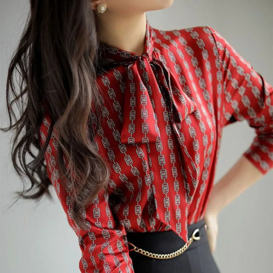 Harajuku Vintage New Fashion Scarf Neck Long Sleeved Women's Blouse Printed Shirt Casual Loose Youth Tops Elegant Female Clothes