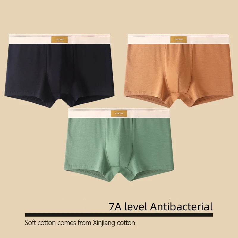 1/3Pcs Set Solid Color Men's Boxer Shorts Breathable Cotton Elastic Boyshorts Antibacterial 7A Level Comfortable Male Underwear