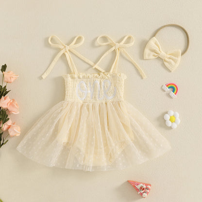 MISOWMNJOY Summer Mesh Tulle Baby Girl Romper Dress Infant Birthday Outfits Sleeveless Tie Strap Smocked Bodysuit with Headband