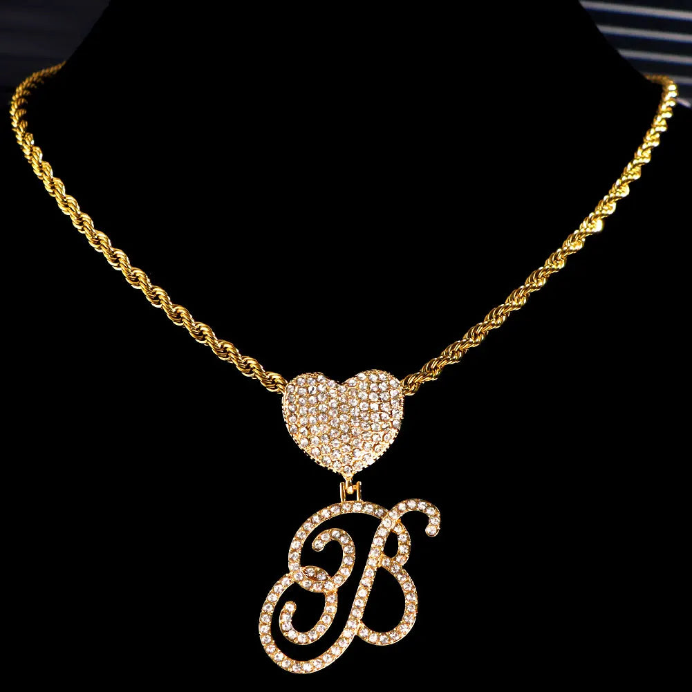 Hip Hop Bling Crystal Cursive Letter Initial Pendant Necklace Women Iced Out Cuban Choker Square Tennis Chain Necklace Jewelry