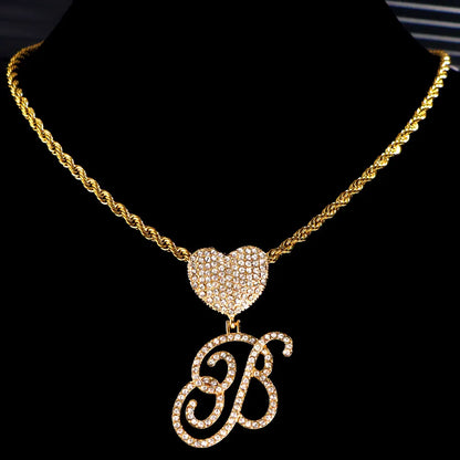 Hip Hop Bling Crystal Cursive Letter Initial Pendant Necklace Women Iced Out Cuban Choker Square Tennis Chain Necklace Jewelry