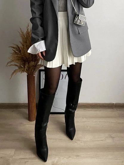 Autumn Knit White Mini Pleated Skirts For Women A Line Skirt Gray High Waist Women Knitted Pleated Short Skirts Korean Fashion