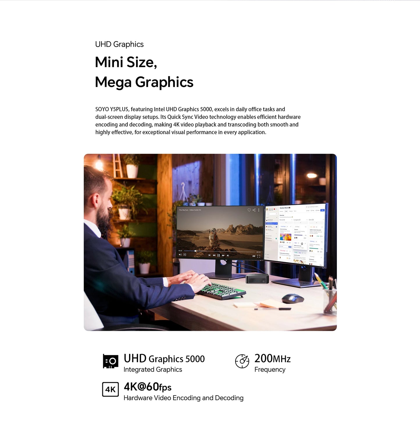 SOYO Y5 Plus Mini PC Intel Core i7 4th Gen CPU with Windows 11 Pro, 8GB RAM, 128GB M.2 SSD, Supports Dual 4K Displays via USB-C, Ideal for Office and Business