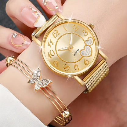 6PCS/Set Fashion Heart Women's Watch Plastic Band Analog Golden Quartz Watches Butterfly Jewelry Set(Without Box)