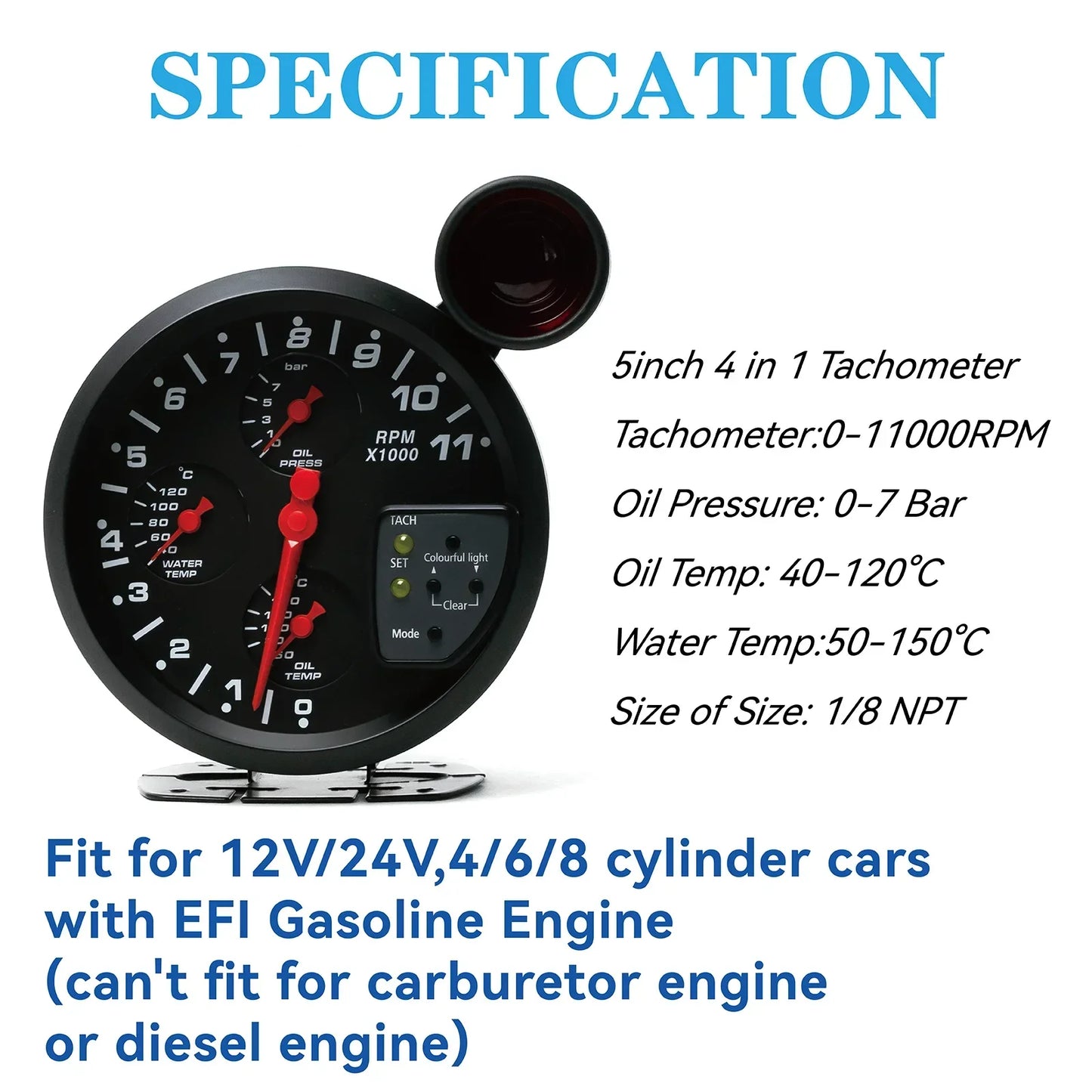 5" Car Gauge 4-in-1 Tachometer Water Temperature Oil Temperature Oil Pressure Gauges Multifunctional Gauge with Alarm Function