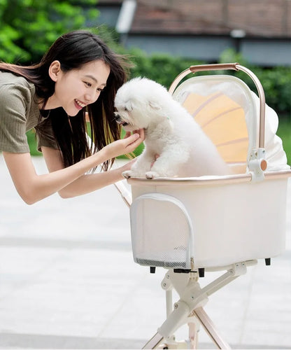 Foldable Dog Stroller Milk White PU Waterproof High Landscape Pet Stroller Outdoor Travel Pet Trolley Bearing Weight 15 KG