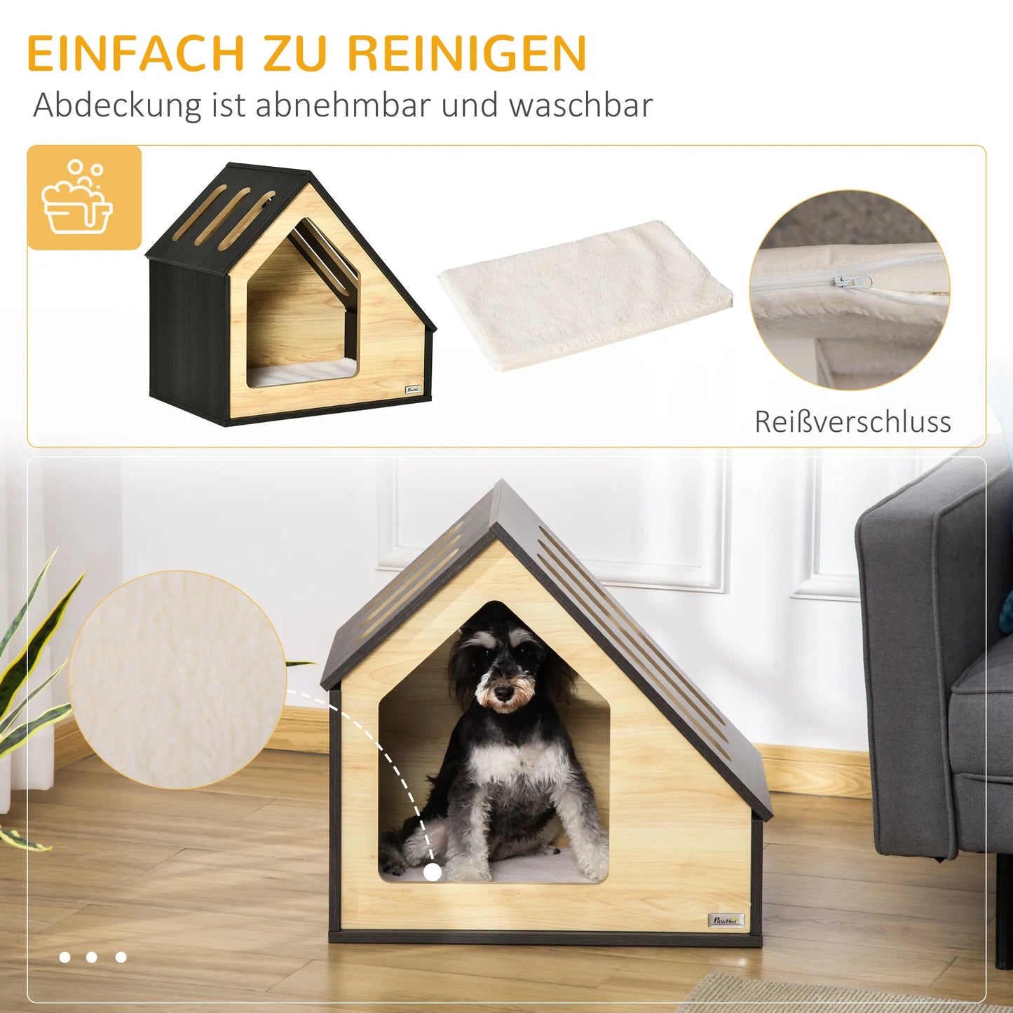Wooden Pet House Indoor Cat Cave & Dog Bed with Removable Washable Cushion, Small Dog House for Dogs up to 8kg, 60x40x59.2cm, Stylish MDF Furniture with Ventilated Roof