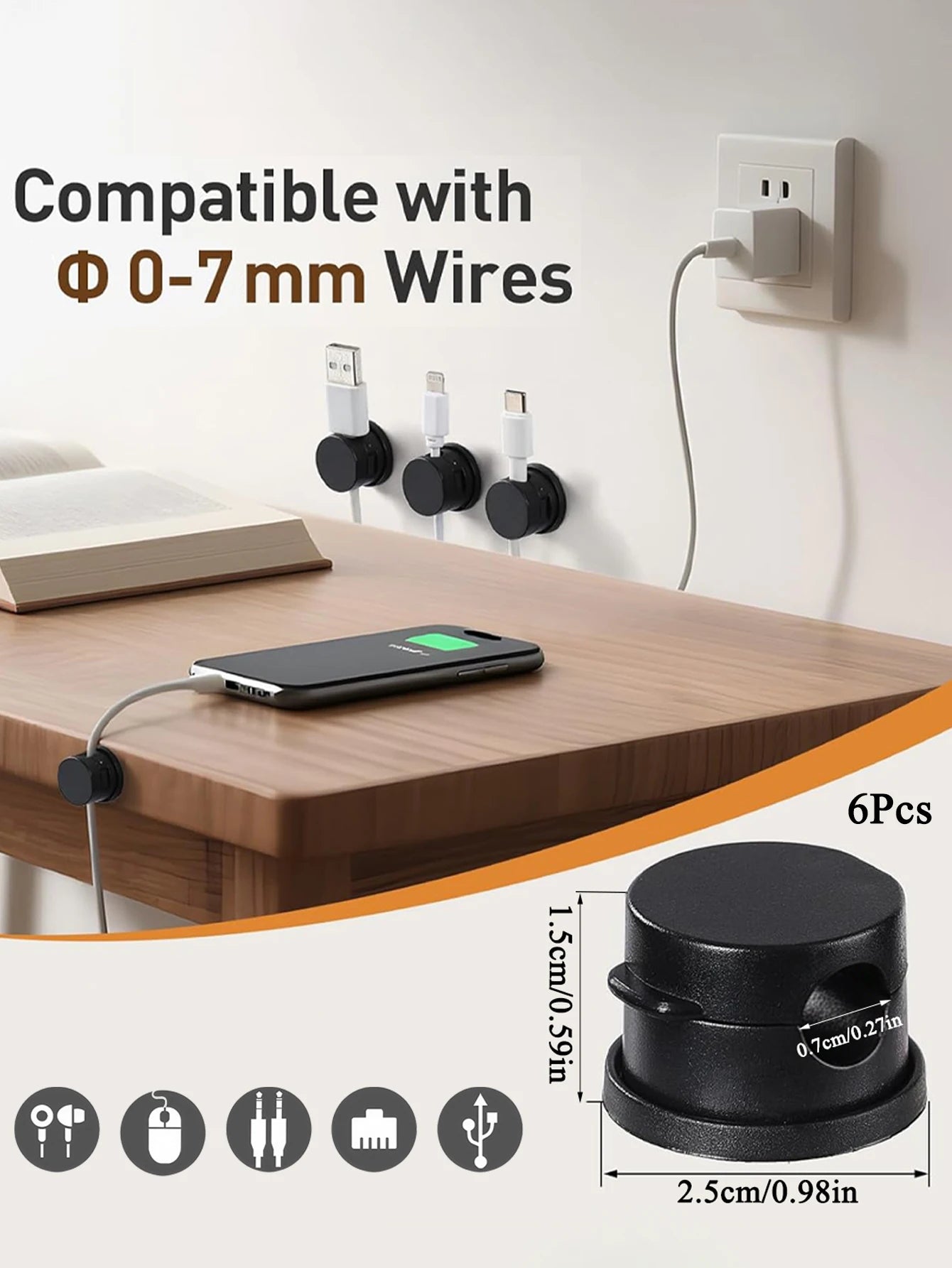 6PCS Magnetic Cable Clips Cable Smooth Adjustable Cord Holder Cable Organizer Holder Under Desk Cable Management