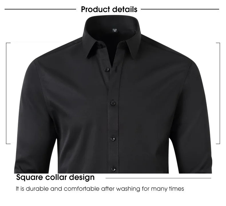 Men's long-sleeved shirt made of elastic fabric, wash-and-wear wrinkle-resistant business casual, silky smooth, pure color shirt