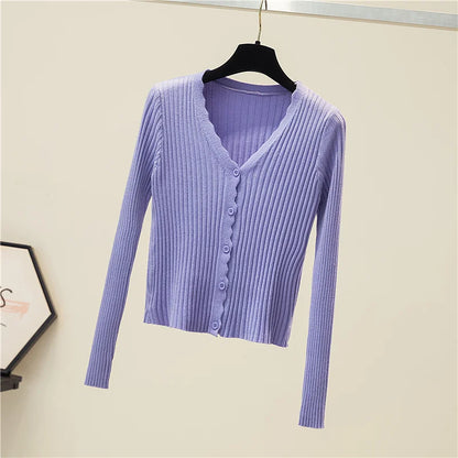 Women Ribbed Crew Neck Cardigan Sweater Pastel Pink Purple Long Sleeve Fitted Crop Knitted Jacket Spring Fall