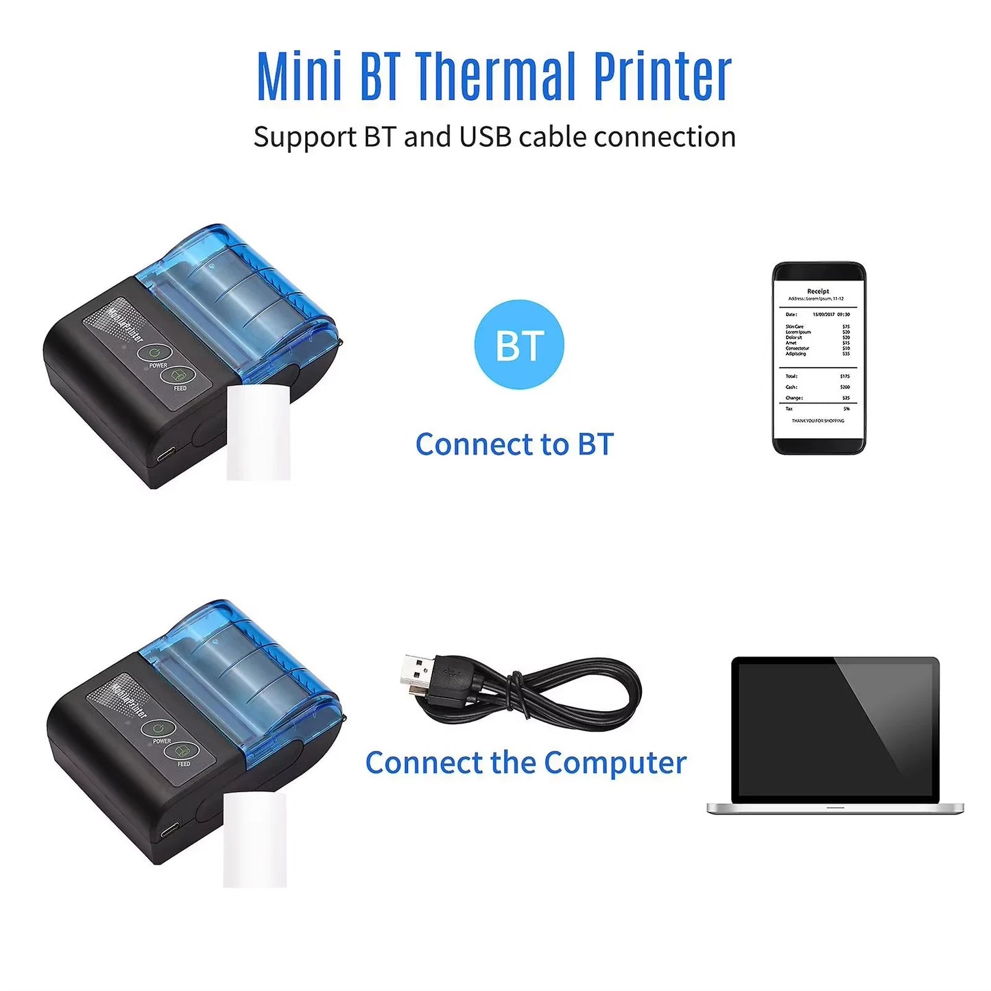 58mm Mini Portable Thermal Printer Receipt Mobile Wireless Bluetooth Ticket Bill Printer For Printing Labels/Tickets Receipt
