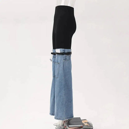LGRQ Denim Patchwork Pants For Women Fashion New High Waist Contrast Color Belt Straight Pant Female 2026 Summer New 17A2013H