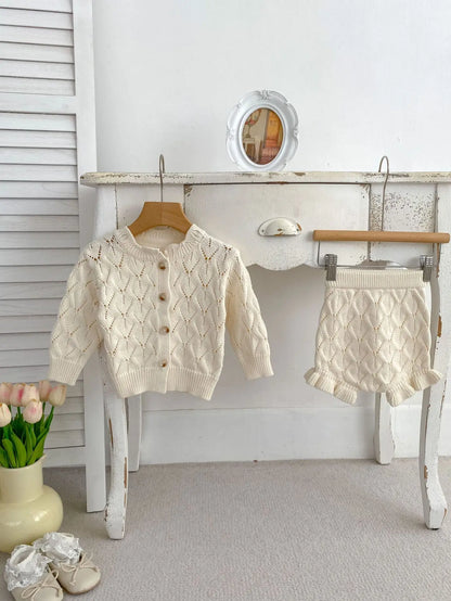 New Baby Girl Autumn Sweater Coat Hollow Knitted Air Conditioner Set Solid Cardigan Shorts Two Piece Set