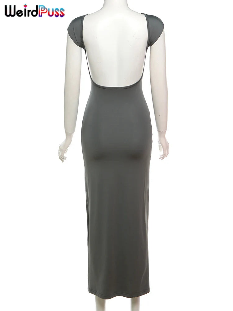 Weird Puss Backless Sexy Women Maxi Dress Short Sleeve Slim Fit Elastic Casual Solid Streetwear Club Party Ladies Summer Bodycon
