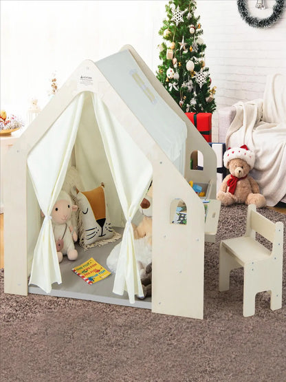 6-in-1 Children's Wooden Tent with Children's Table & Chair, Children's Play House with Mat, Blackboard, Storage Box, Chalk Box