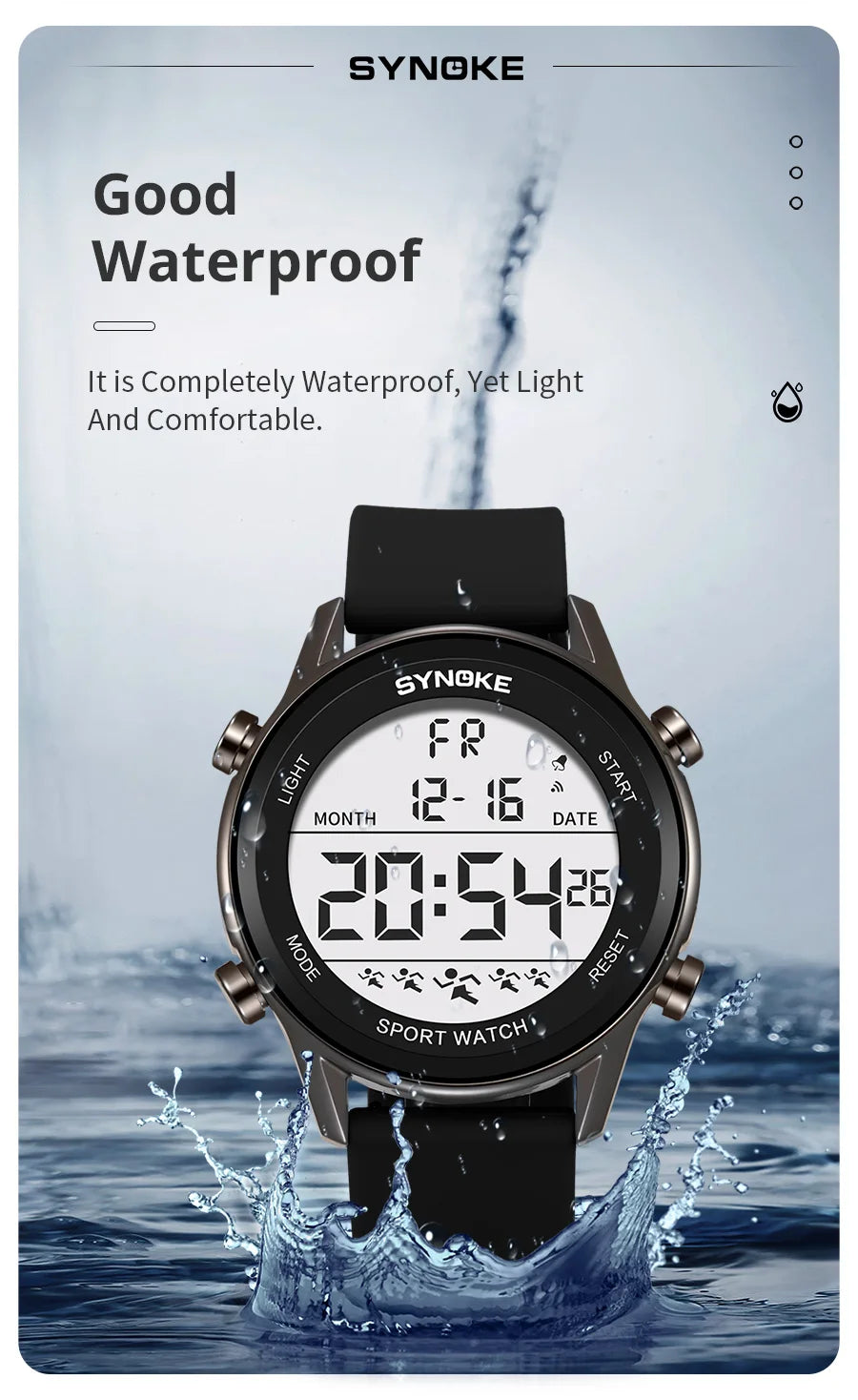 SYNOKE Men Outdoor Sports Multifunctional Waterproof Large Screen Display Luminous LED Digital For Men Fashion Silicon Watch