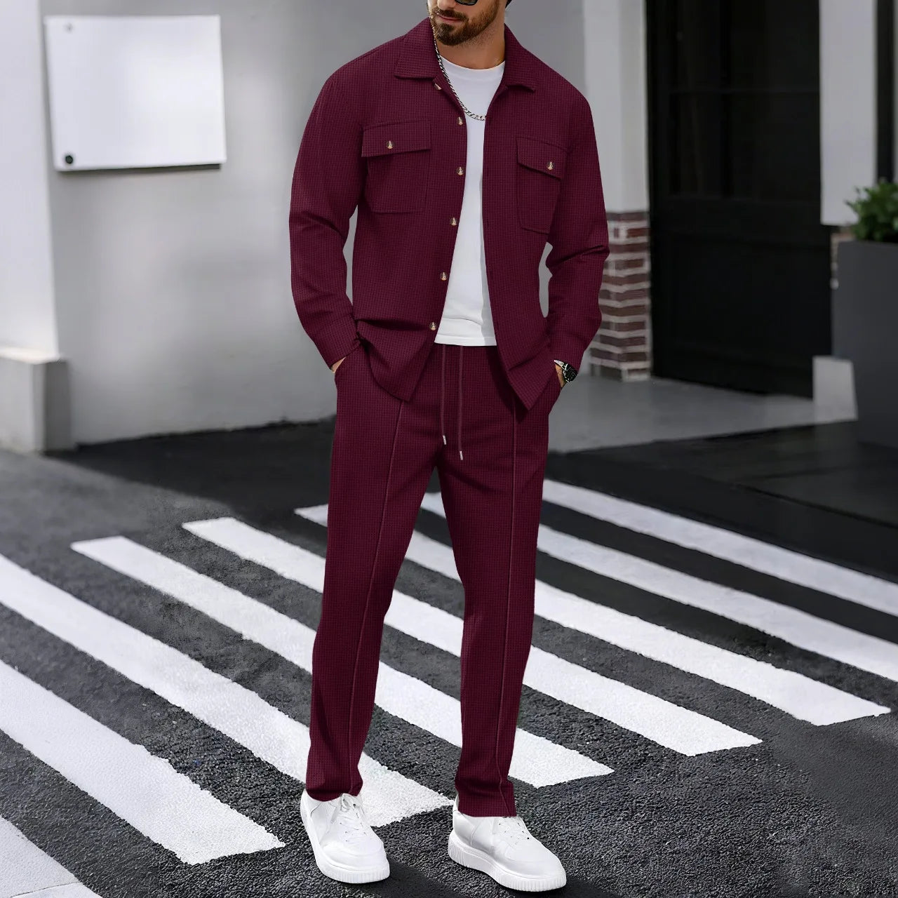 New Men's Solidcolor Waffle Longsleeved Pants Set High Quality Fashionable Comfortable With Double Pockets Workwear Style Cardig
