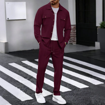 New Men's Solidcolor Waffle Longsleeved Pants Set High Quality Fashionable Comfortable With Double Pockets Workwear Style Cardig