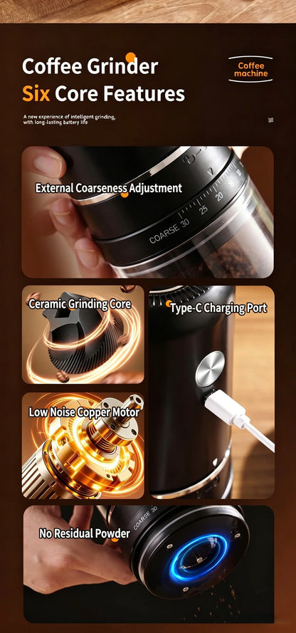 Portable Rechargeable Electric Coffee Grinder, External Adjustable Grind Mill for Espresso & Hand Pour Coffee