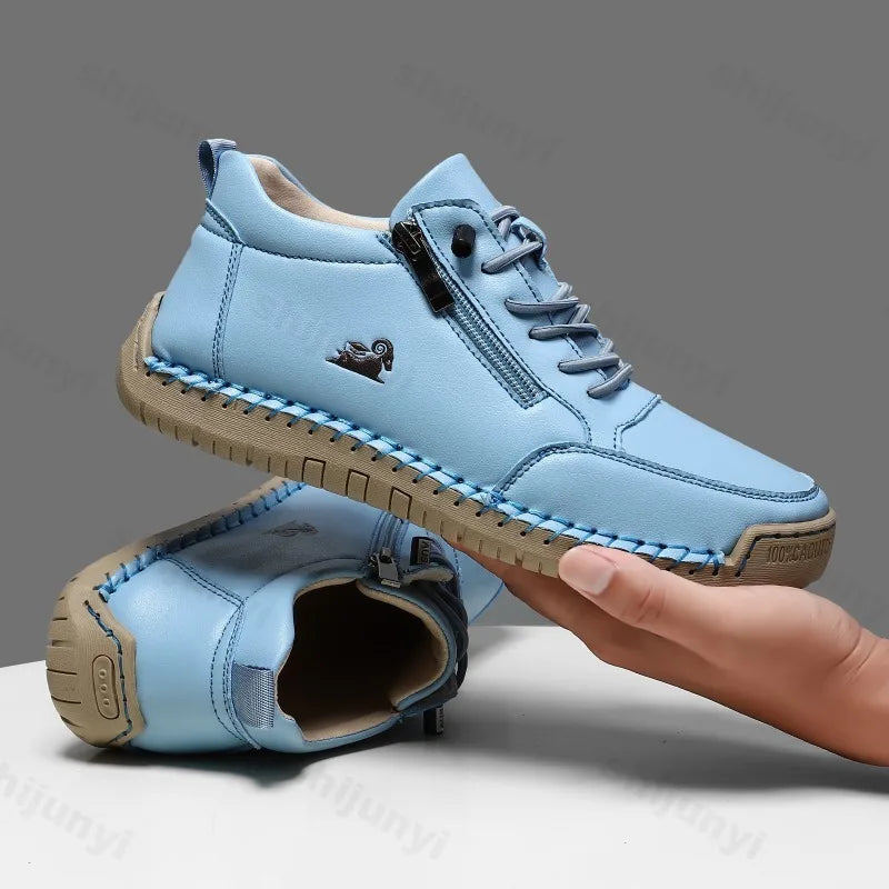 Women Sports Shoes 2026 New Outdoor Hiking Flat Bottomed Comfortable Casual Driving Shoes Soft Sole Zipper Fashion Leather Shoes