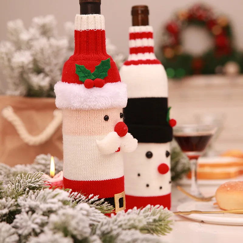 2024 Christmas Knitted Wool Red Wine Bottle Cover Ornament Table Dress Up Home Christmas Decor Hotel Restaurant Festivals Decor