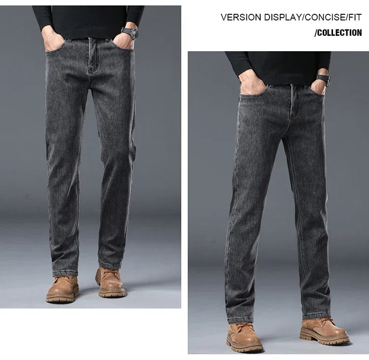 Men's Winter Stretch Fleece Jeans Thickened Warm Loose Straight Velvet Denim Trousers Classic Business Casual Black Work Pants