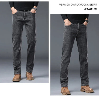 Men's Winter Stretch Fleece Jeans Thickened Warm Loose Straight Velvet Denim Trousers Classic Business Casual Black Work Pants