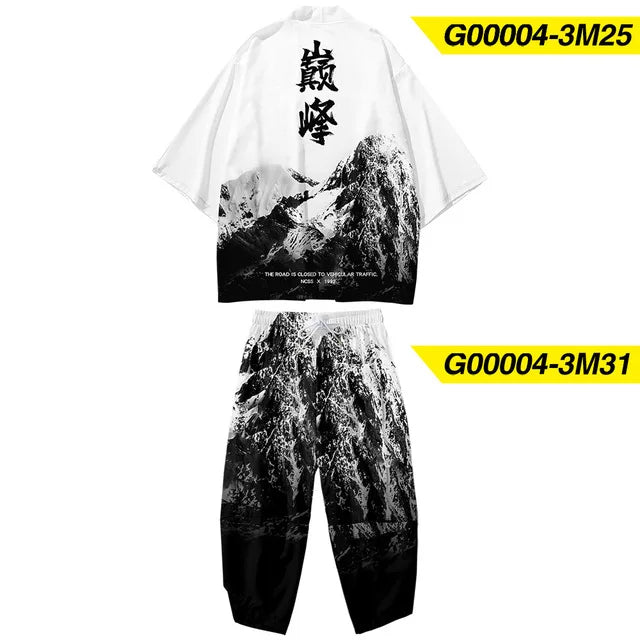 Large Size 5XL 6XL Japanese Kimono Cardigan Pants Set Print Fox Men Women Shirt Tradition Yukata Haori Obi Cosplay Costume